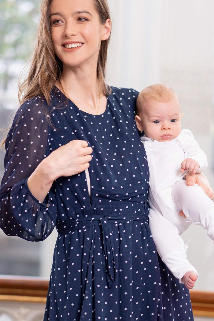 Chiffon Maternity Dress with Dots navy