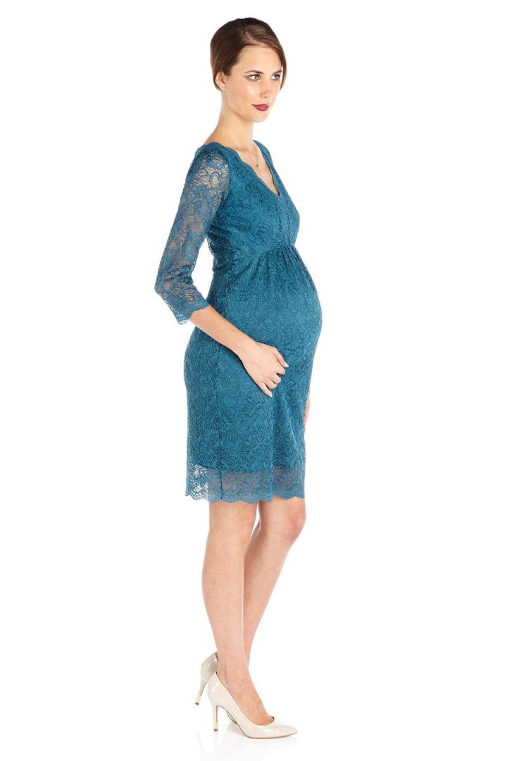 V-Neck Spitzen Umstandskleid petrol