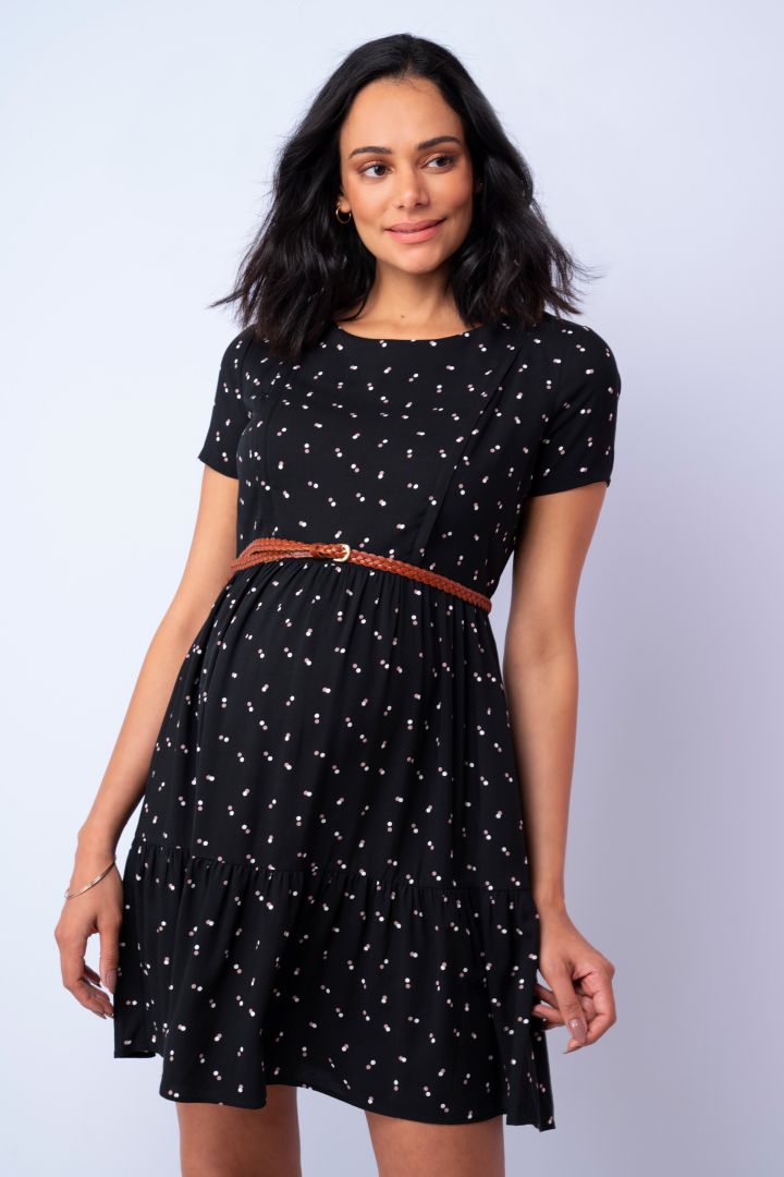 Tiered Maternity Dress with Cap Sleeves black