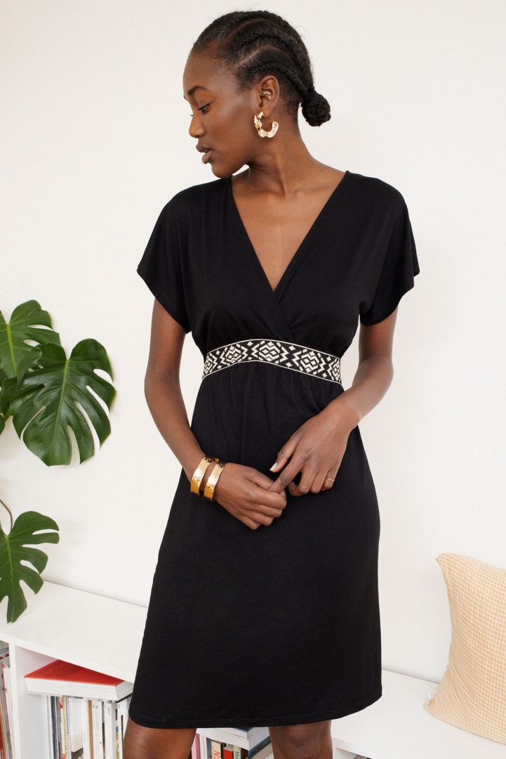 Maternity and Nursing Dress with Ethno RIbbon black