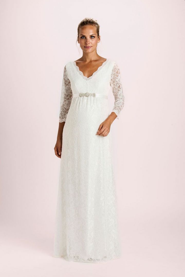 Umstandsbrautkleid mit Spitzenärmeln lang