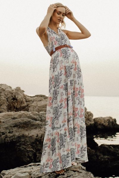 Maxi Umstands- und Stillkleid mit Korallen Print