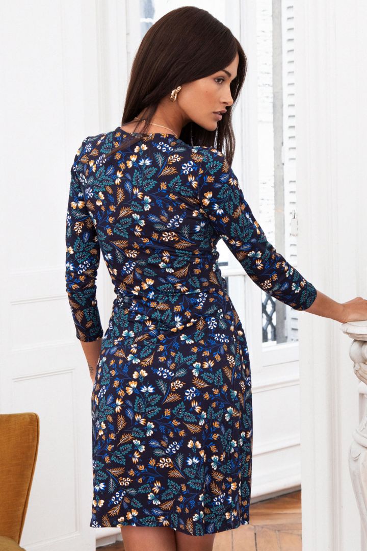 Cross-Over Umstands- und Stillkleid mit Blätterprint
