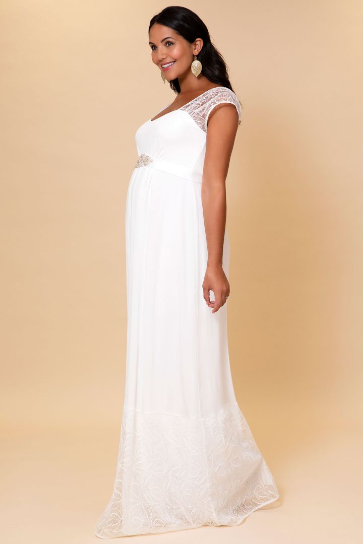 Umstandsbrautrobe mit transparenten Spitzenärmeln