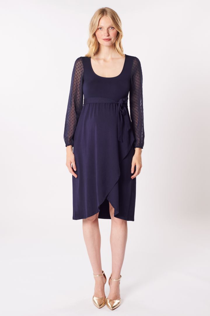 Umstandskleid in Wickeloptik mit Spitzenärmeln navy