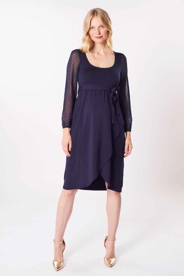 Umstandskleid in Wickeloptik mit Spitzenärmeln navy