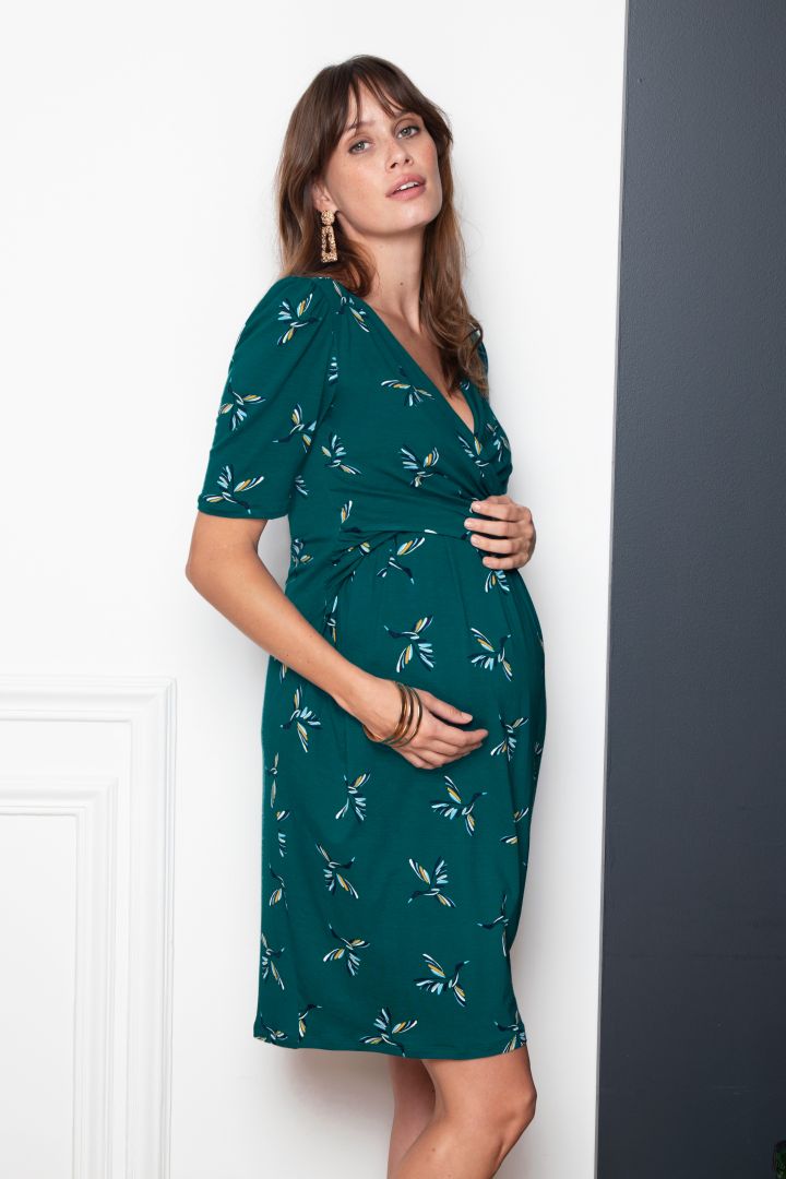 Cross-Over Umstands- und Stillkleid mit Vogelprint