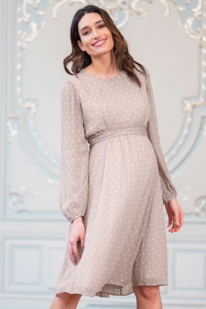 Chiffon Maternity Dress with Dots taupe