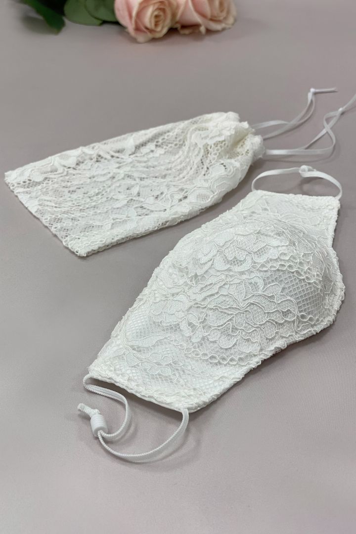 Wedding Face Mask with Floral Lace and Pouch