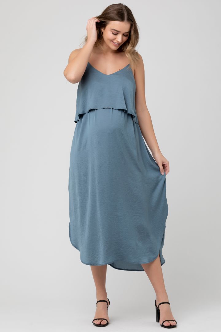 Zweilagiges Umstands- und Stillkleid mit Spaghettiträgern schieferblau