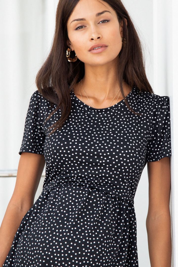 Spotted Maternity and Nursing Dress Short Sleeves black/white