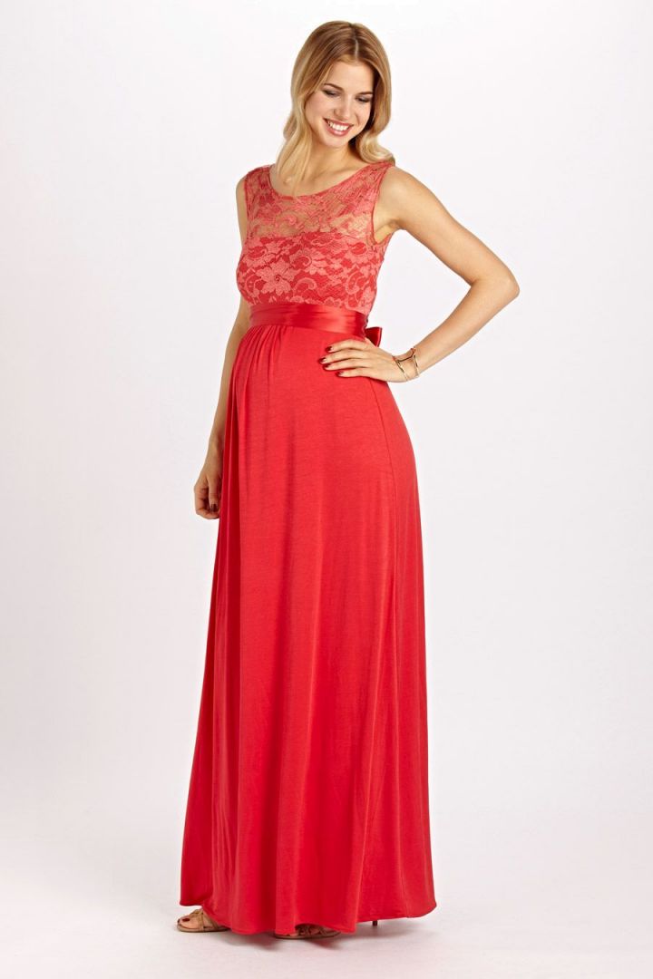 Langes Umstandskleid mit Spitzenbustier rot