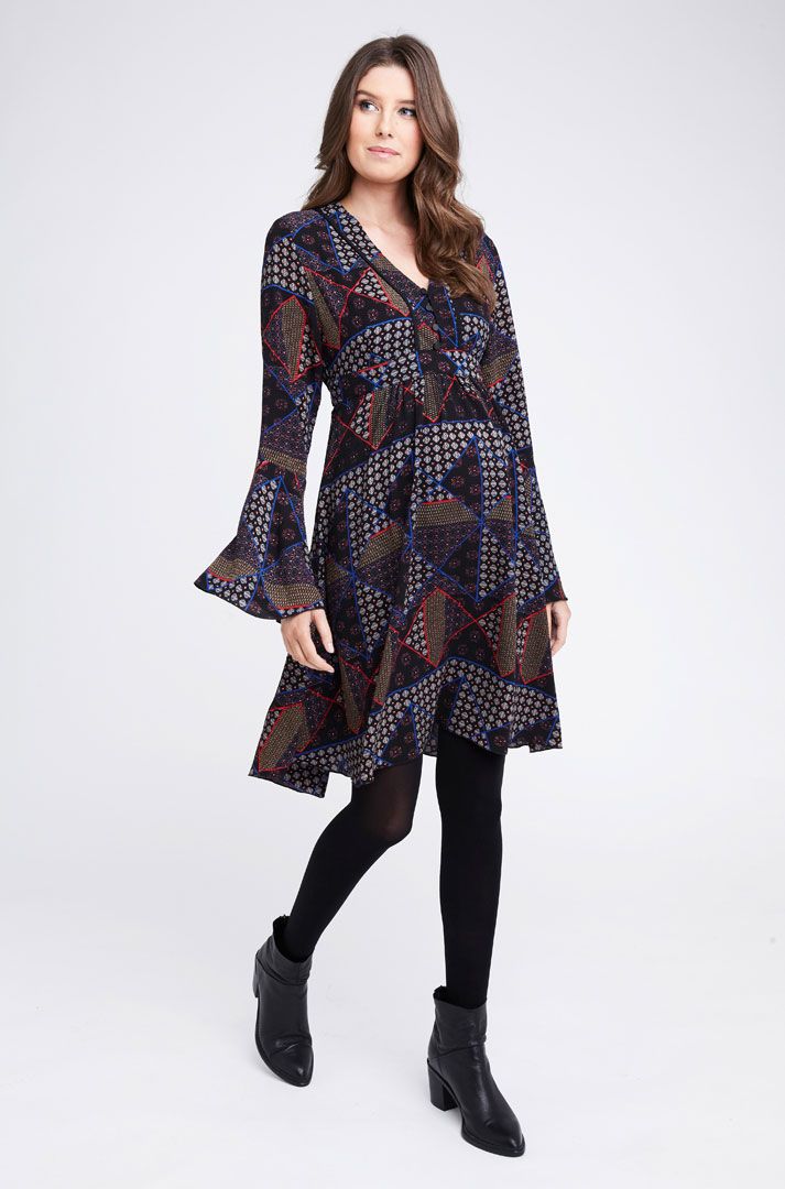 Maternity and nursing dress with bell sleeves