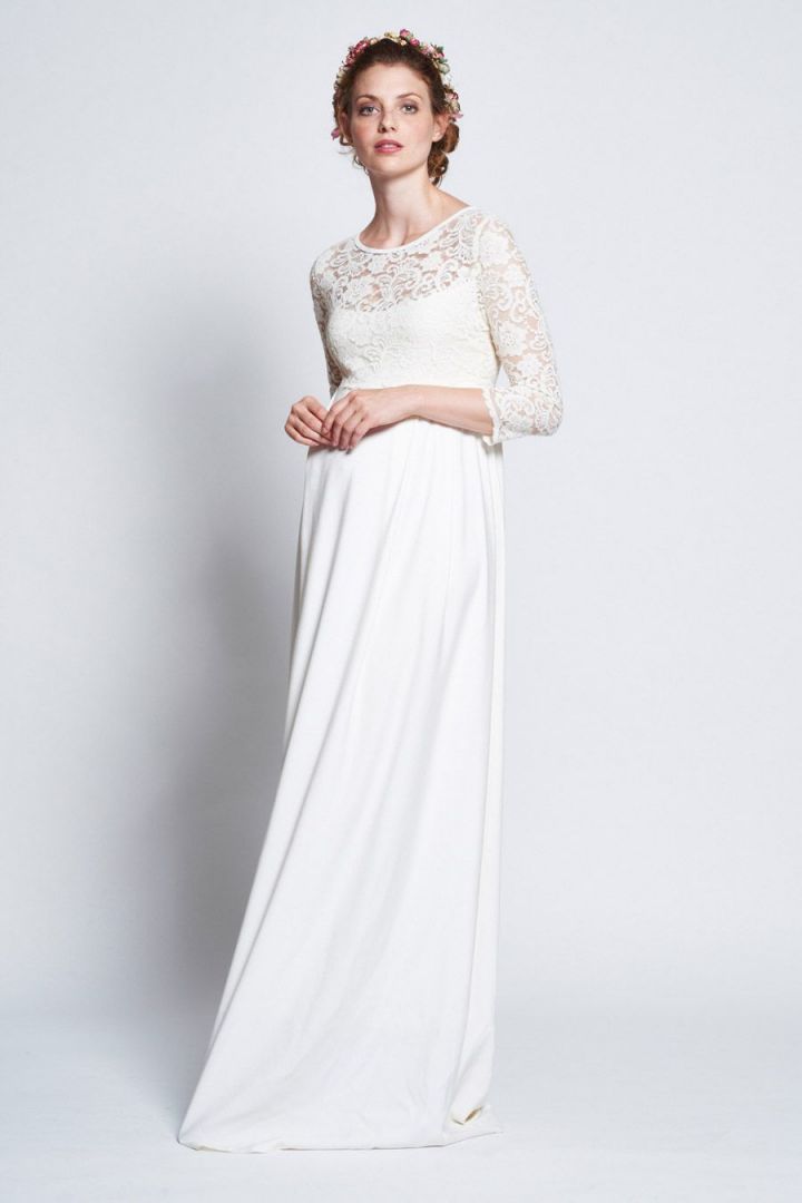 Long Crepe Maternity Wedding Dress with Lace