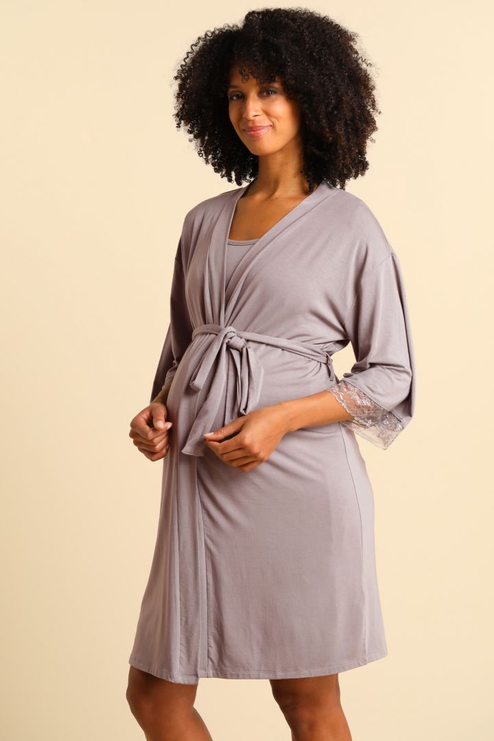Modal Dressing Gown with Lace taupe