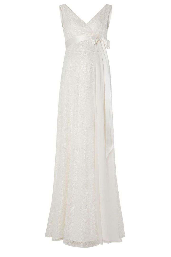 Langes Umstandsbrautkleid mit Spitze und Schärpe