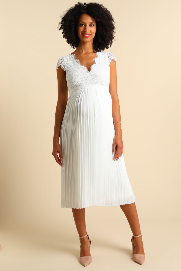 Umstandsbrautkleid mit Spitzenoberteil und Plissees