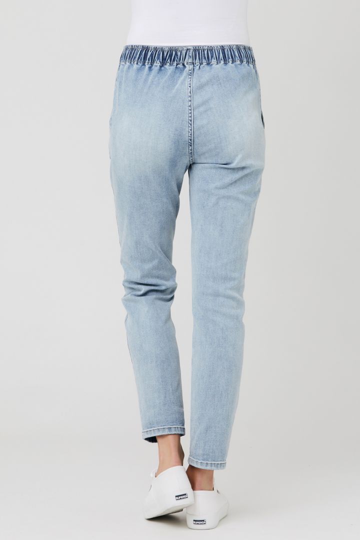 Denim maternity jogger with drawstring light wash