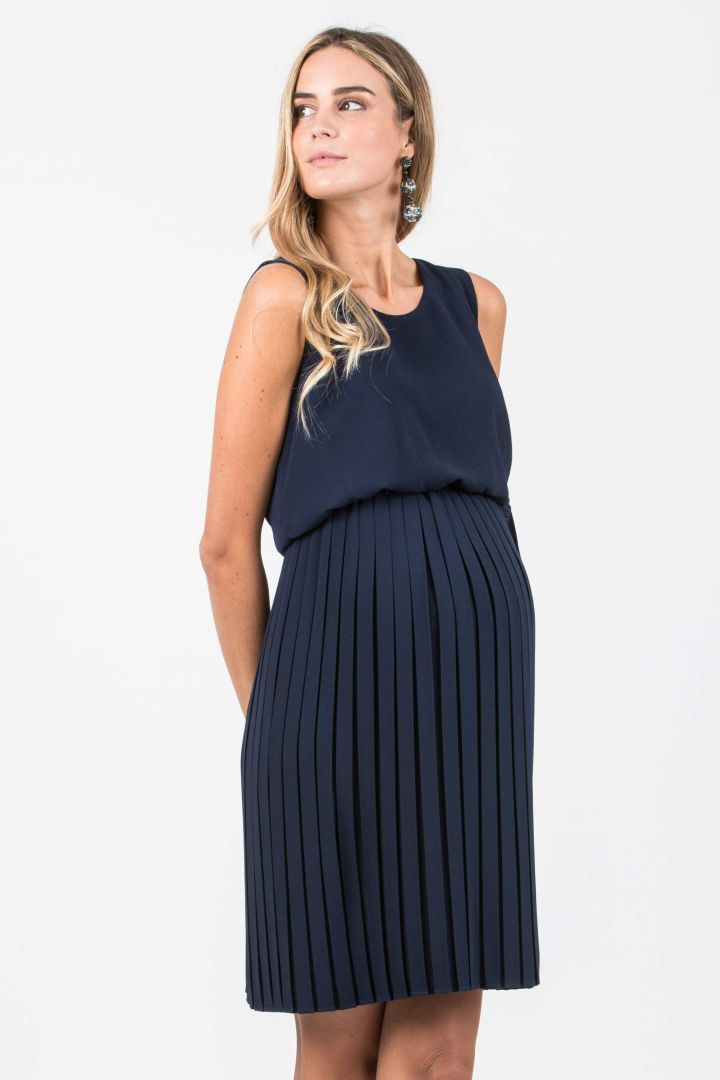 Crepe Umstands- und Stillkleid mit Plissees navy