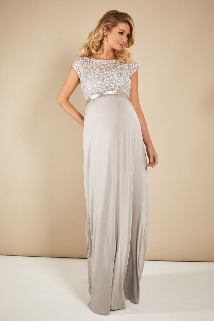 Festliche Umstandsrobe mit Paillettenbustier silber